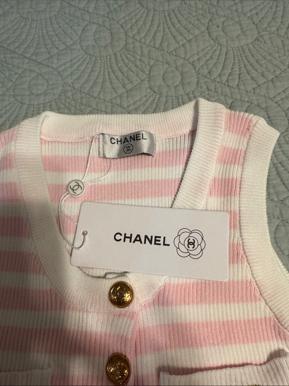 CHANEL Pink and White Striped Knit Tank & Pleated Skirt Set - Picture 3 of 6